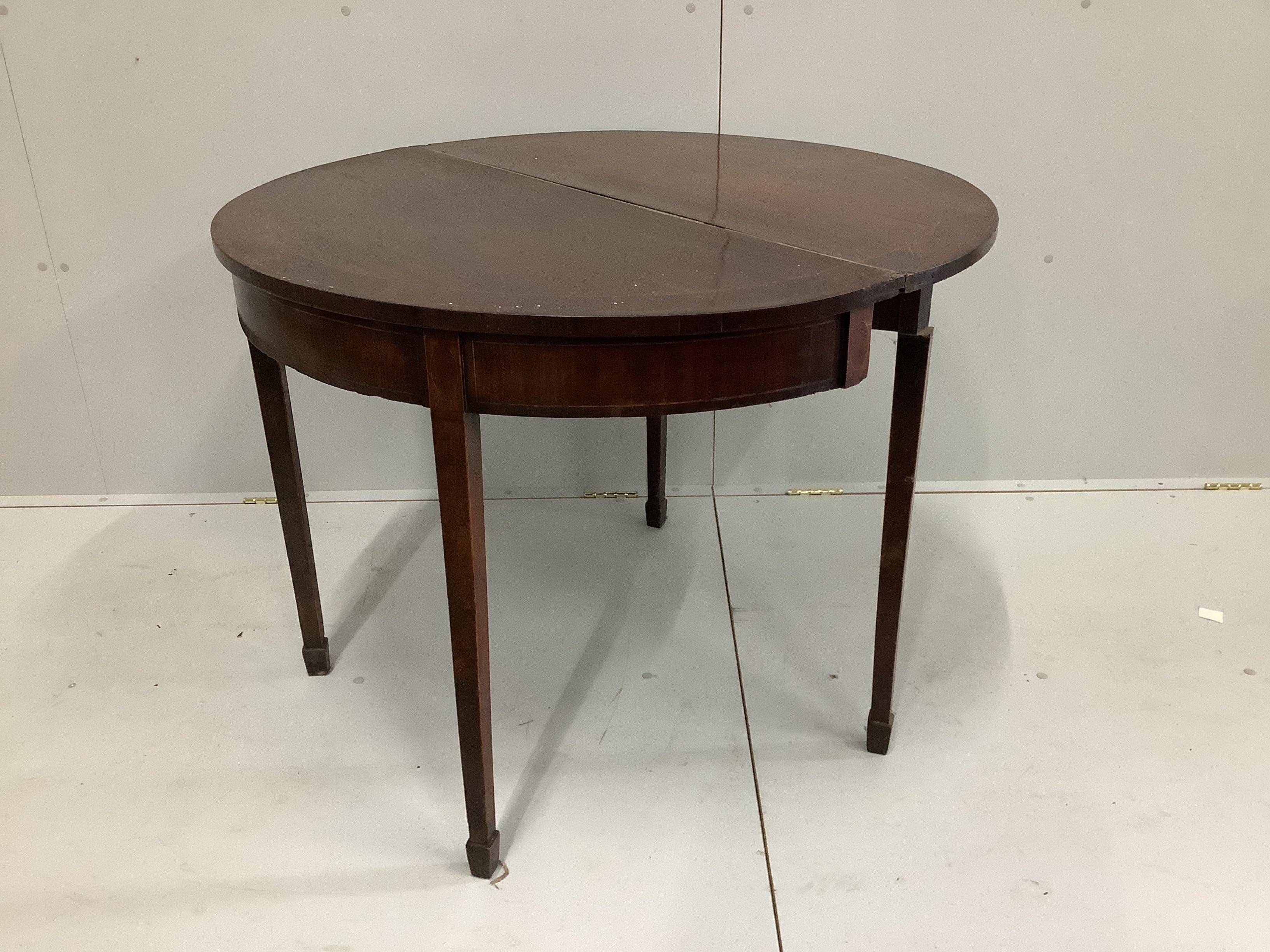 A George III banded mahogany D shaped tea table, width 99cm, depth 49cm, height 73cm